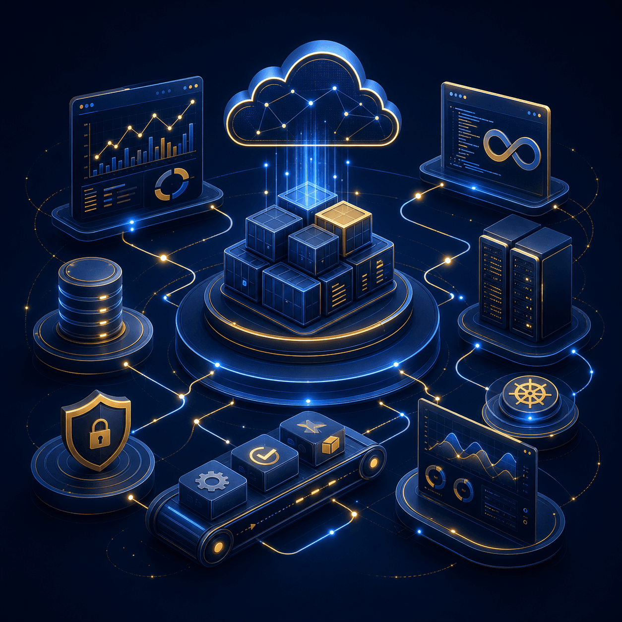 DevOps cloud visual in navy and gold