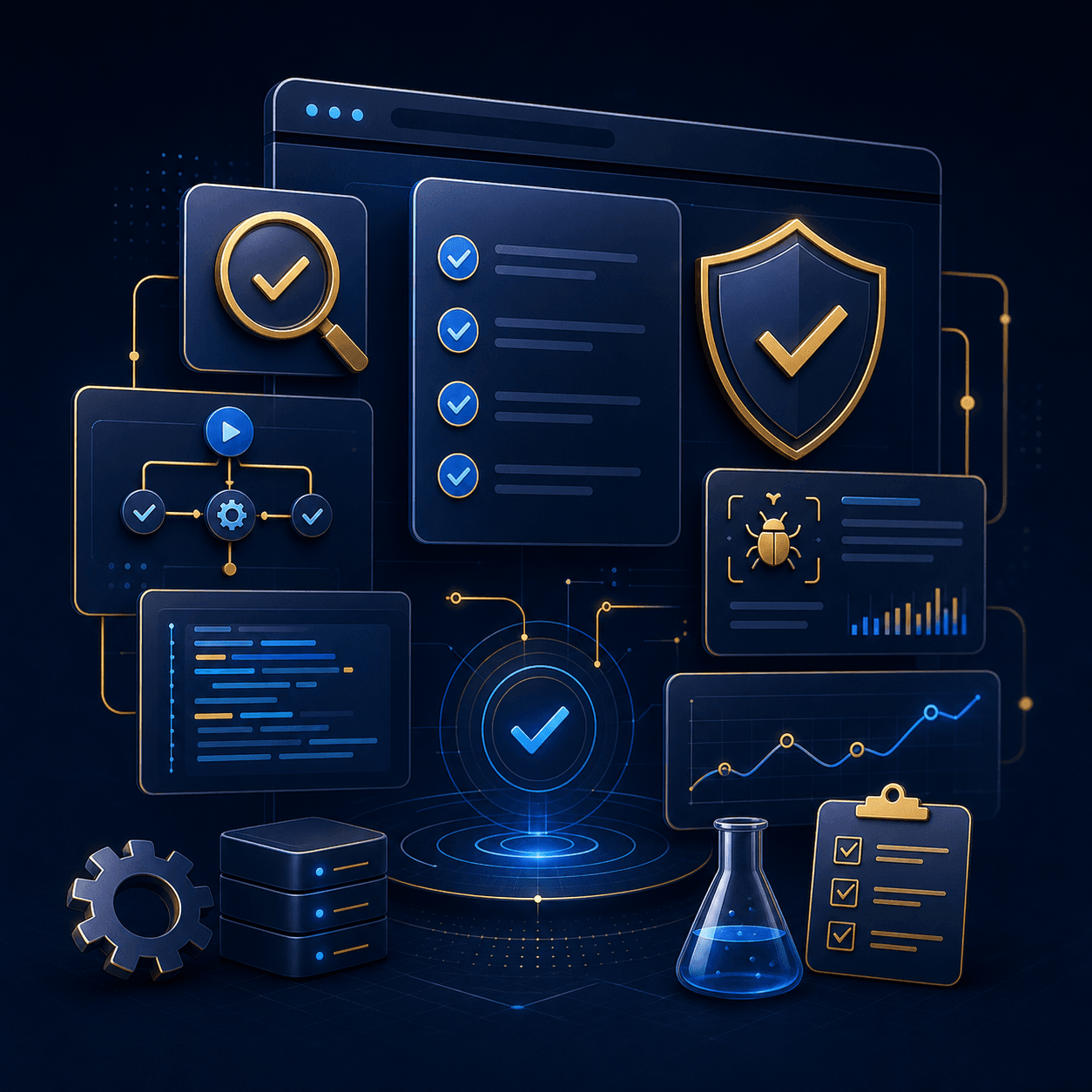QA testing visual in navy and gold