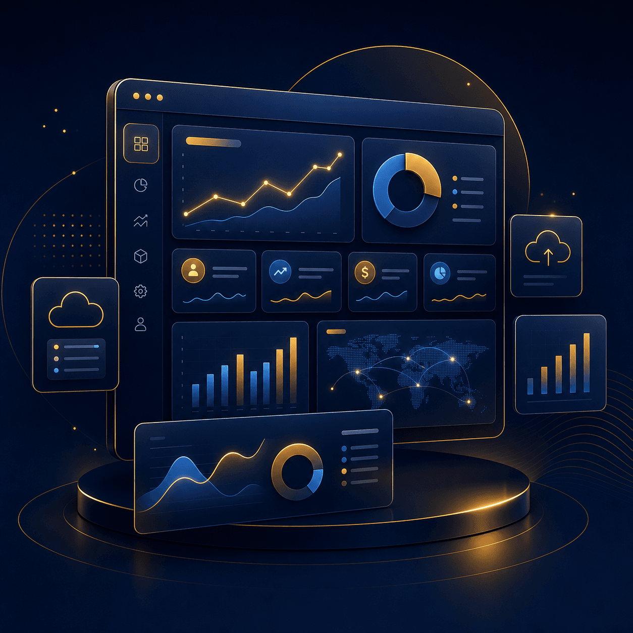 SaaS dashboard visual in navy and gold