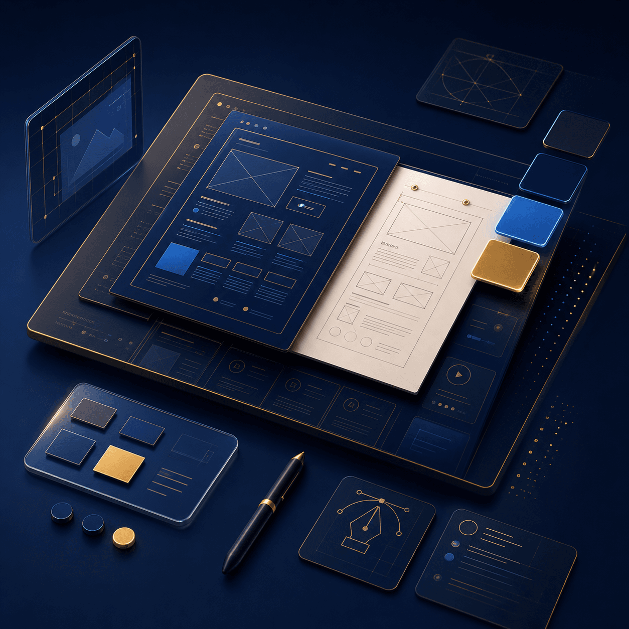 UI UX design visual in navy and gold